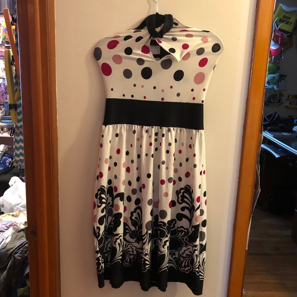 Black white pink polka dot dress cute halter Med